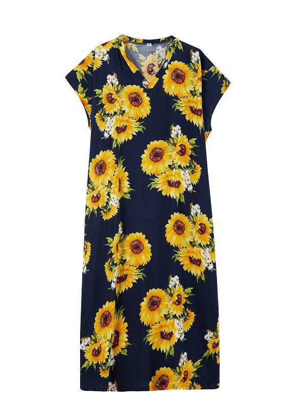 Yellow V Neck Sunflower Maxi Dress Summer