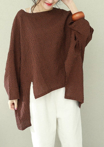 Bohemian asymmetric cotton women Fine Work green Plaid oversized tops