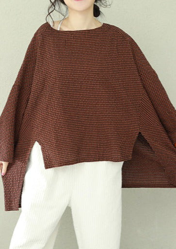 Bohemian asymmetric cotton women Fine Work green Plaid oversized tops