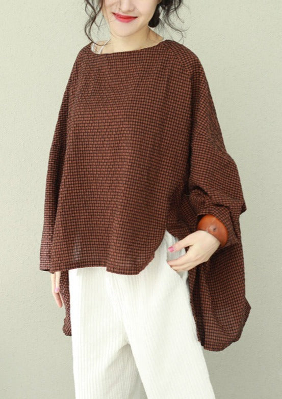 Bohemian asymmetric cotton women Fine Work green Plaid oversized tops