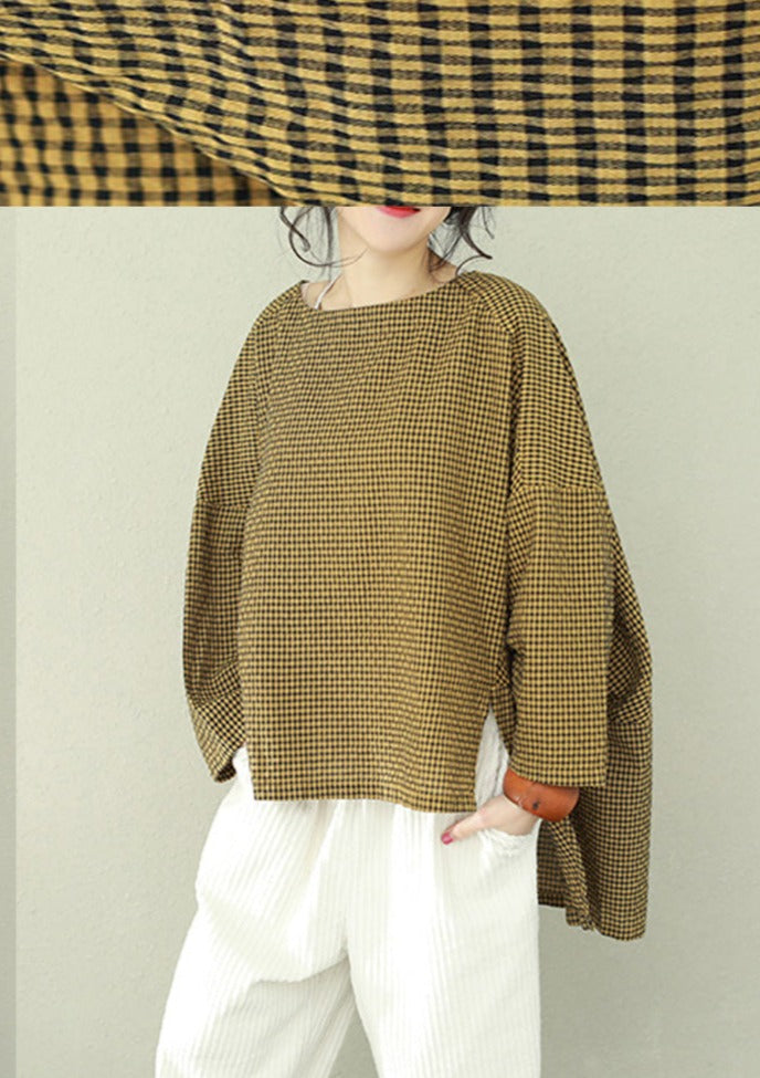 Asymmetric Cotton Fine Work Purple Plaid Oversized Tops