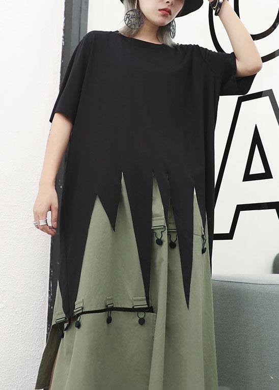 Asymmetric Hem Cotton Long Shirts Design Black O Neck Shirts Summer