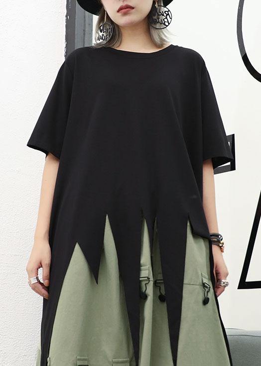 Asymmetric Hem Cotton Long Shirts Design Black O Neck Shirts Summer