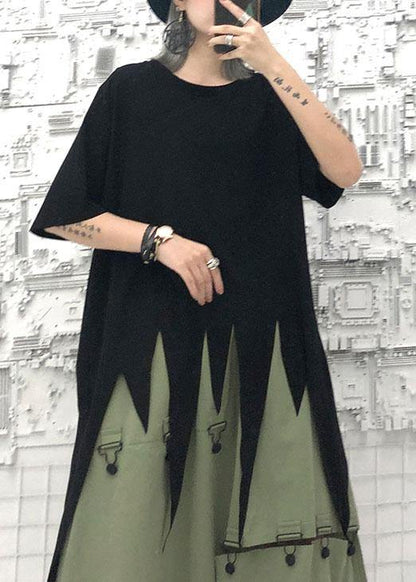Asymmetric Hem Cotton Long Shirts Design Black O Neck Shirts Summer