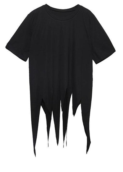 Asymmetric Hem Cotton Long Shirts Design Black O Neck Shirts Summer