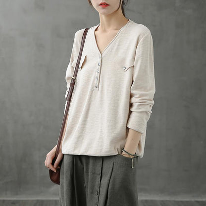 Beige Blouse V Neck Button Down Clothing Top