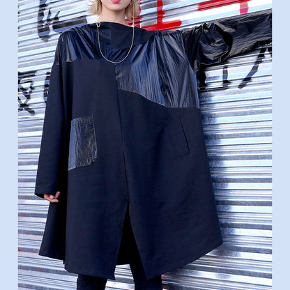 Black Cotton Baggy Dress Fun Neckline Patchwork Short Dresses