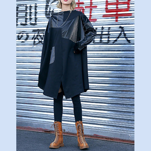 Black Cotton Baggy Dress Fun Neckline Patchwork Short Dresses