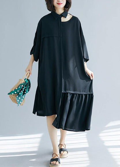 Black Clothes Lapel Asymmetric Cotton Summer Dress
