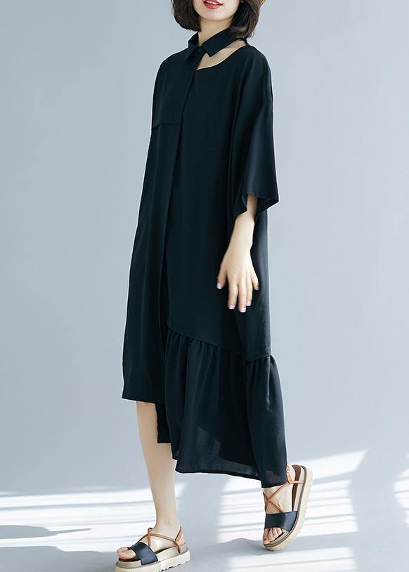 Black Clothes Lapel Asymmetric Cotton Summer Dress