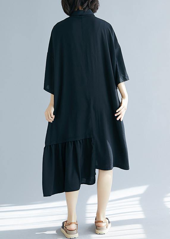 Black Clothes Lapel Asymmetric Cotton Summer Dress