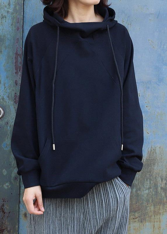 Black Cotton Blouse Loose Drawstring Hooded Sweatshirt