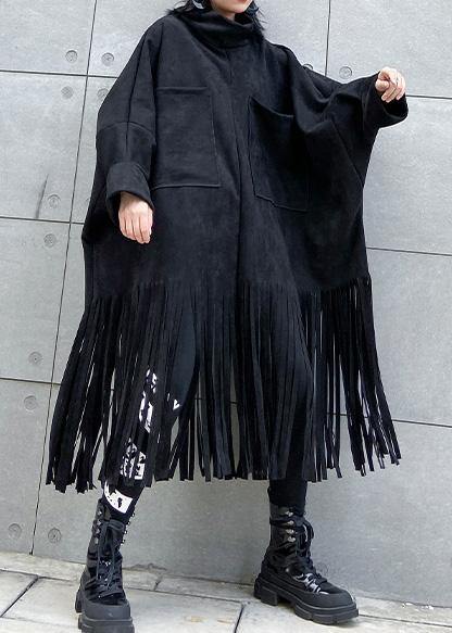 Black Cotton Tunics Tassel Half High Neck Dress