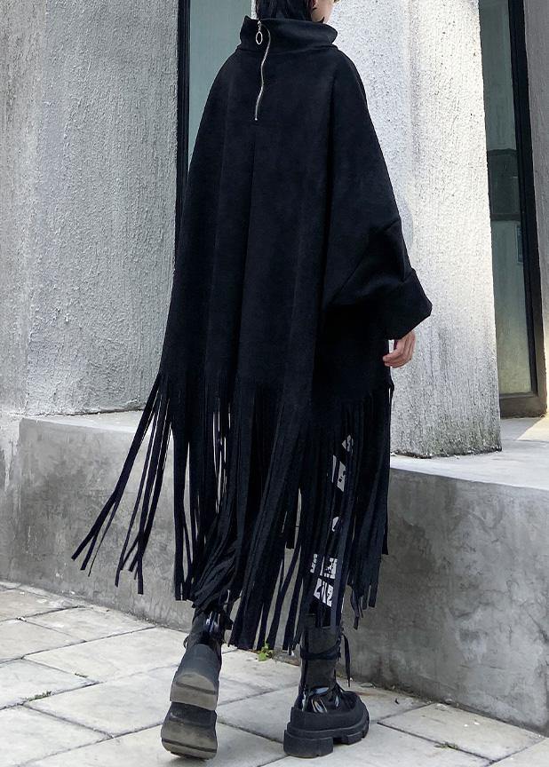 Black Cotton Tunics Tassel Half High Neck Dress