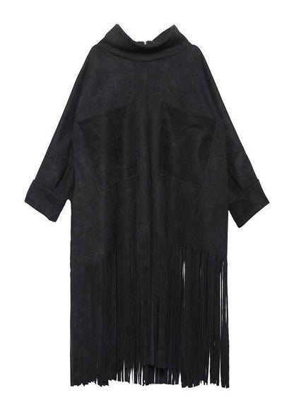 Black Cotton Tunics Tassel Half High Neck Dress
