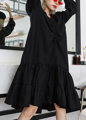 Black Cotton Clothes for Ruffles Cinched V Neck Dress