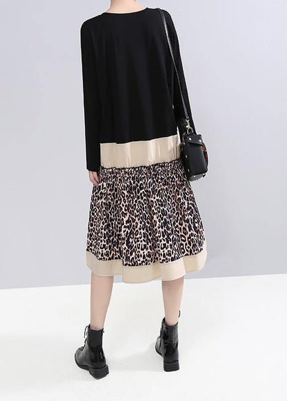 Black Cotton Tunic Pattern O Neck Long Patchwork Dresses