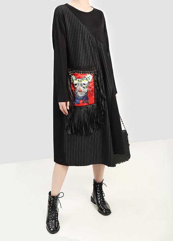 Black Cotton Tunic Top Asymmetric Cotton Prints Tassel Dress