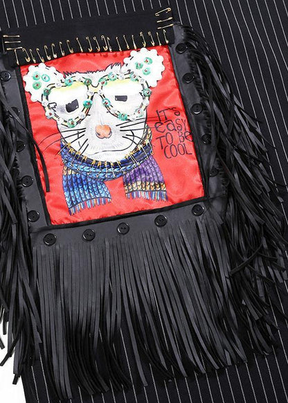 Black Cotton Tunic Top Asymmetric Cotton Prints Tassel Dress