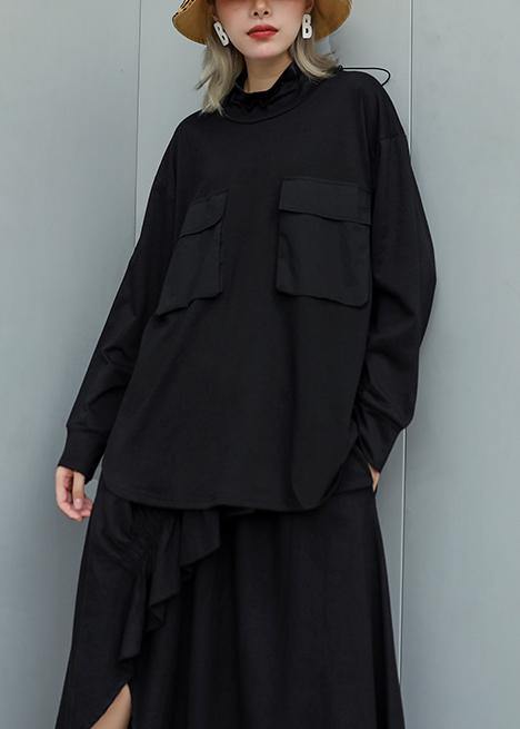 Black High Neck Cotton Tunic Top Low High Design Daily Fall Top
