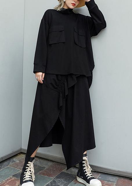 Black High Neck Cotton Tunic Top Low High Design Daily Fall Top