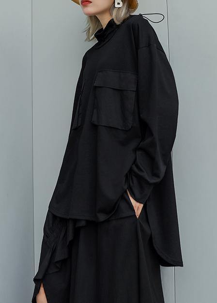 Black High Neck Cotton Tunic Top Low High Design Daily Fall Top