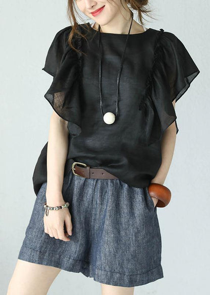 Black Linen Tops O Neck Ruffles Sleeve Blouses