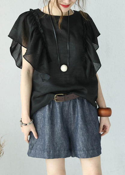 Black Linen Tops O Neck Ruffles Sleeve Blouses