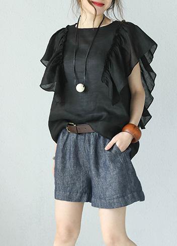 Black Linen Tops O Neck Ruffles Sleeve Blouses