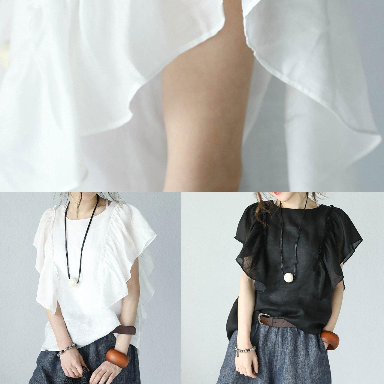 Black Linen Tops O Neck Ruffles Sleeve Blouses