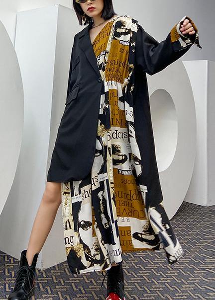 Black Patchwork Letter Outfit Notched Asymmetric Oversized Dress