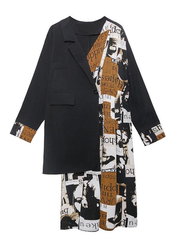 Black Patchwork Letter Outfit Notched Asymmetric Oversized Dress