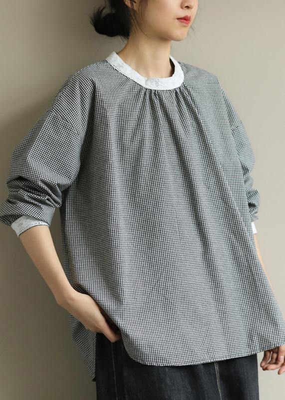 Black Plaid Clothes for O Neck Midi Fall Blouses