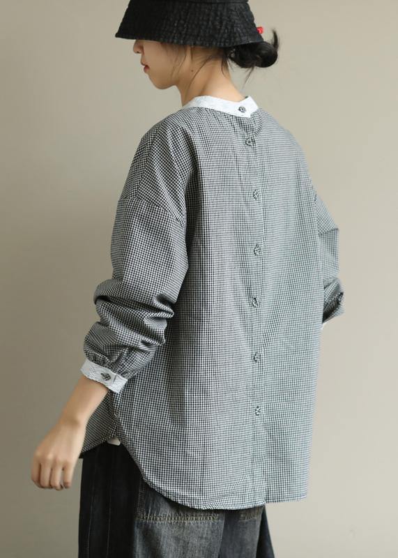 Black Plaid Clothes for O Neck Midi Fall Blouses