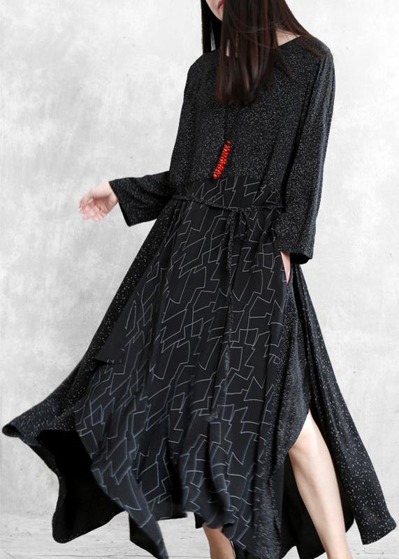 Black Print Clothes for O Neck Patchwork Maxi Dresses