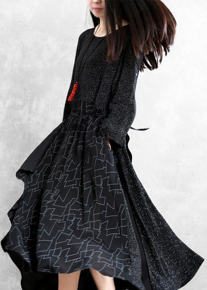 Black Print Clothes for O Neck Patchwork Maxi Dresses