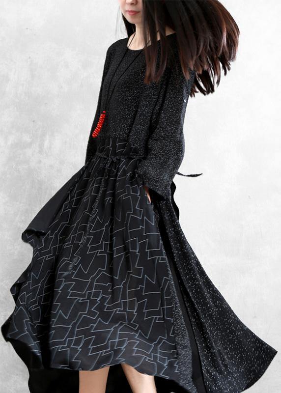 Black Print Clothes for O Neck Patchwork Maxi Dresses