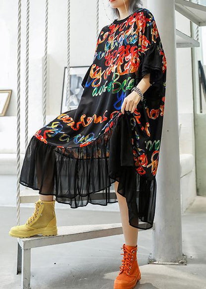 Black Print Cotton Quilting Clothes O Neck Patchwork Maxi Summer Dress
