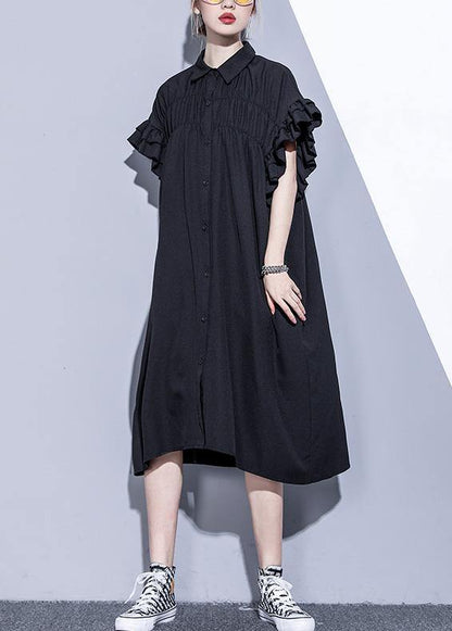 Black Tunics for Lapel Asymmetric Cotton Summer Dress