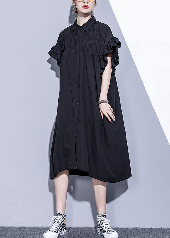 Black Tunics for Lapel Asymmetric Cotton Summer Dress