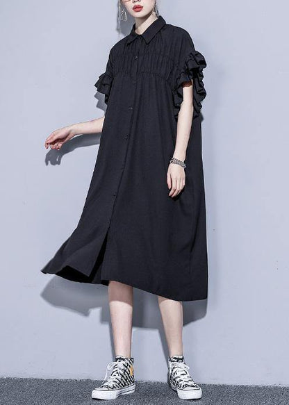 Black Tunics for Lapel Asymmetric Cotton Summer Dress