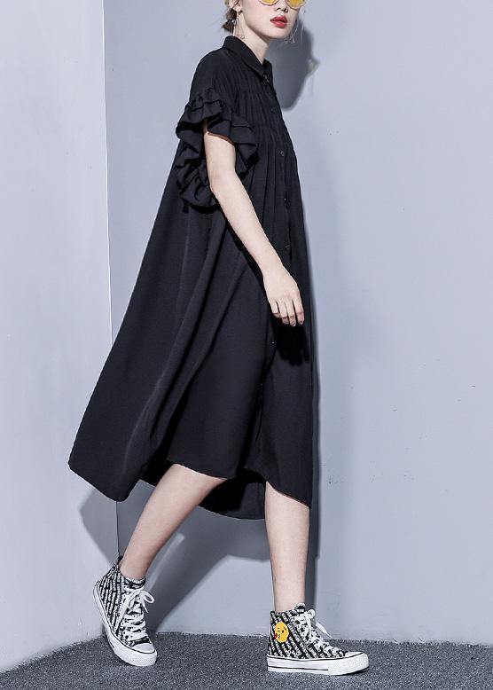 Black Tunics for Lapel Asymmetric Cotton Summer Dress