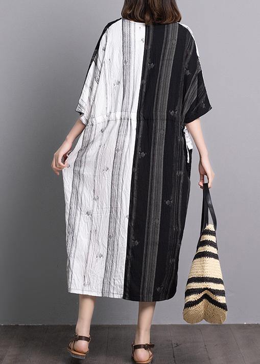 Black White Patchwork Linen Dresses V Neck Pockets a Line Summer Dress