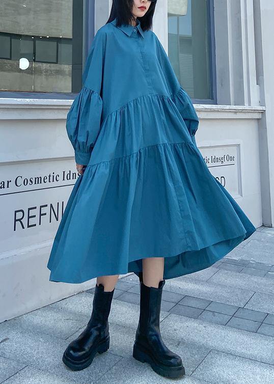 Blue Dress Lapel Puff Sleeve Maxi Dress