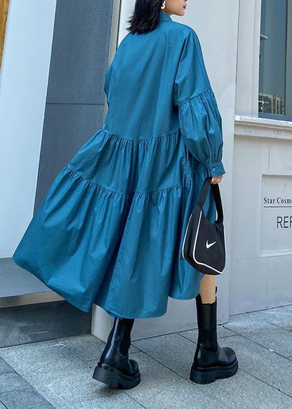 Blue Dress Lapel Puff Sleeve Maxi Dress