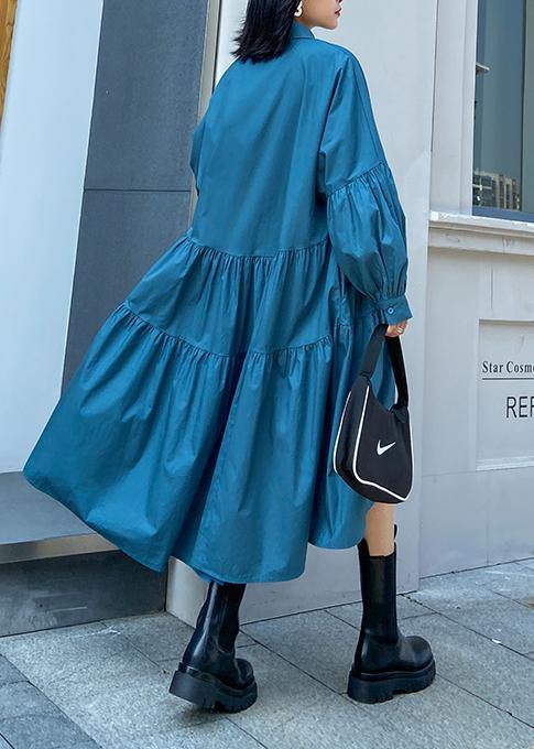 Blue Dress Lapel Puff Sleeve Maxi Dress