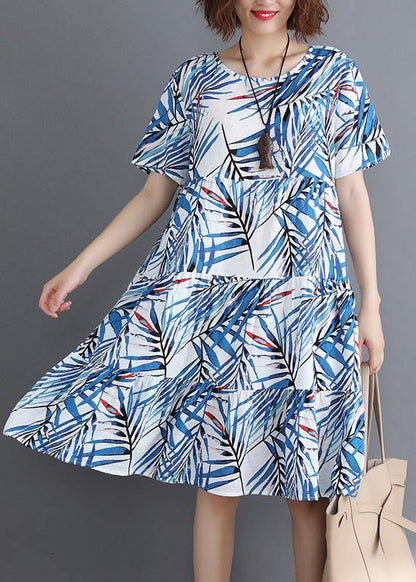 Blue Print Cotton Clothes O Neck Cinched Tunic Summer Dress