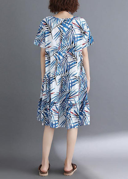 Blue Print Cotton Clothes O Neck Cinched Tunic Summer Dress
