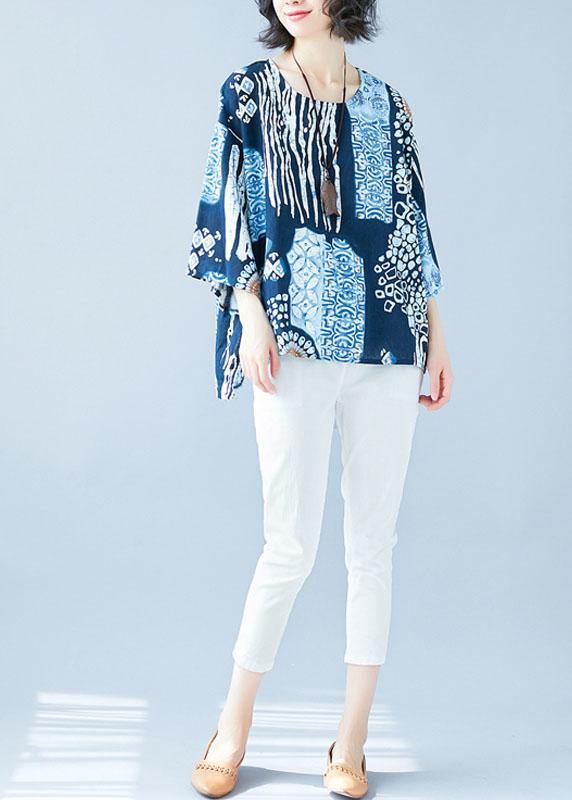 Blue Print Cotton Linen Shirts Fabrics O Neck Batwing Sleeve Blouses