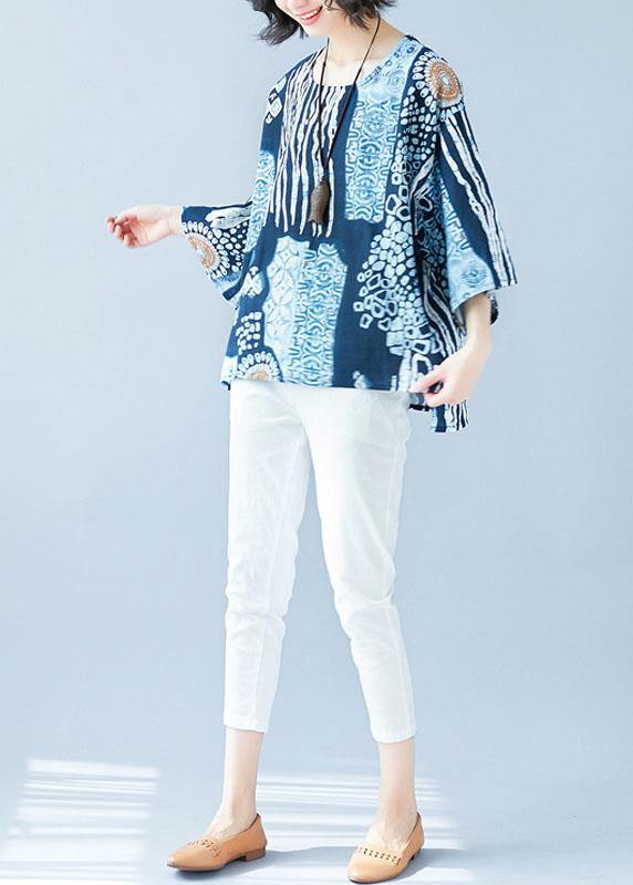 Blue Print Cotton Linen Shirts Fabrics O Neck Batwing Sleeve Blouses